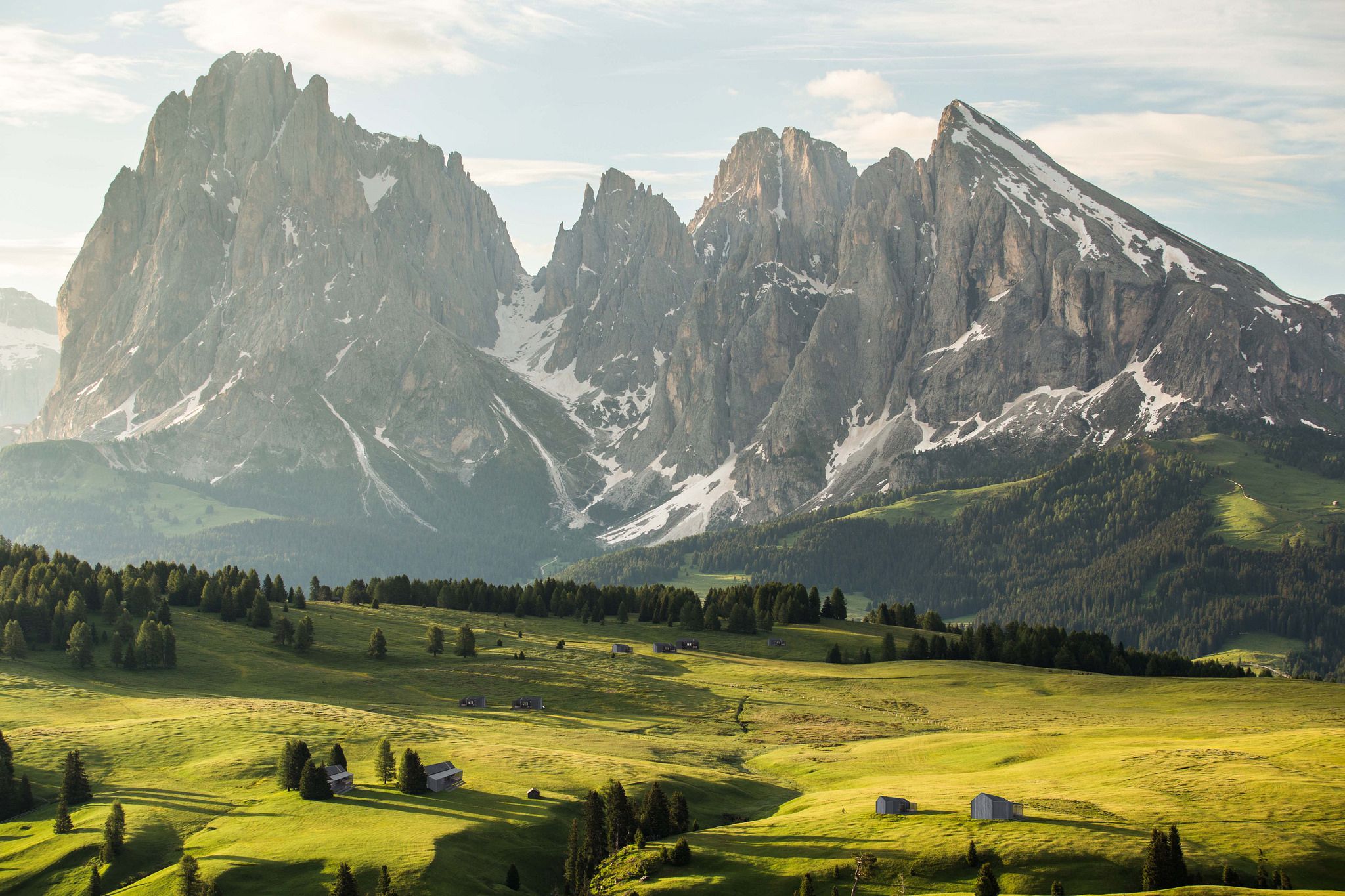 Brown House Lankoffel mountain range. View from Seiser Alm Dolomites Italy.
