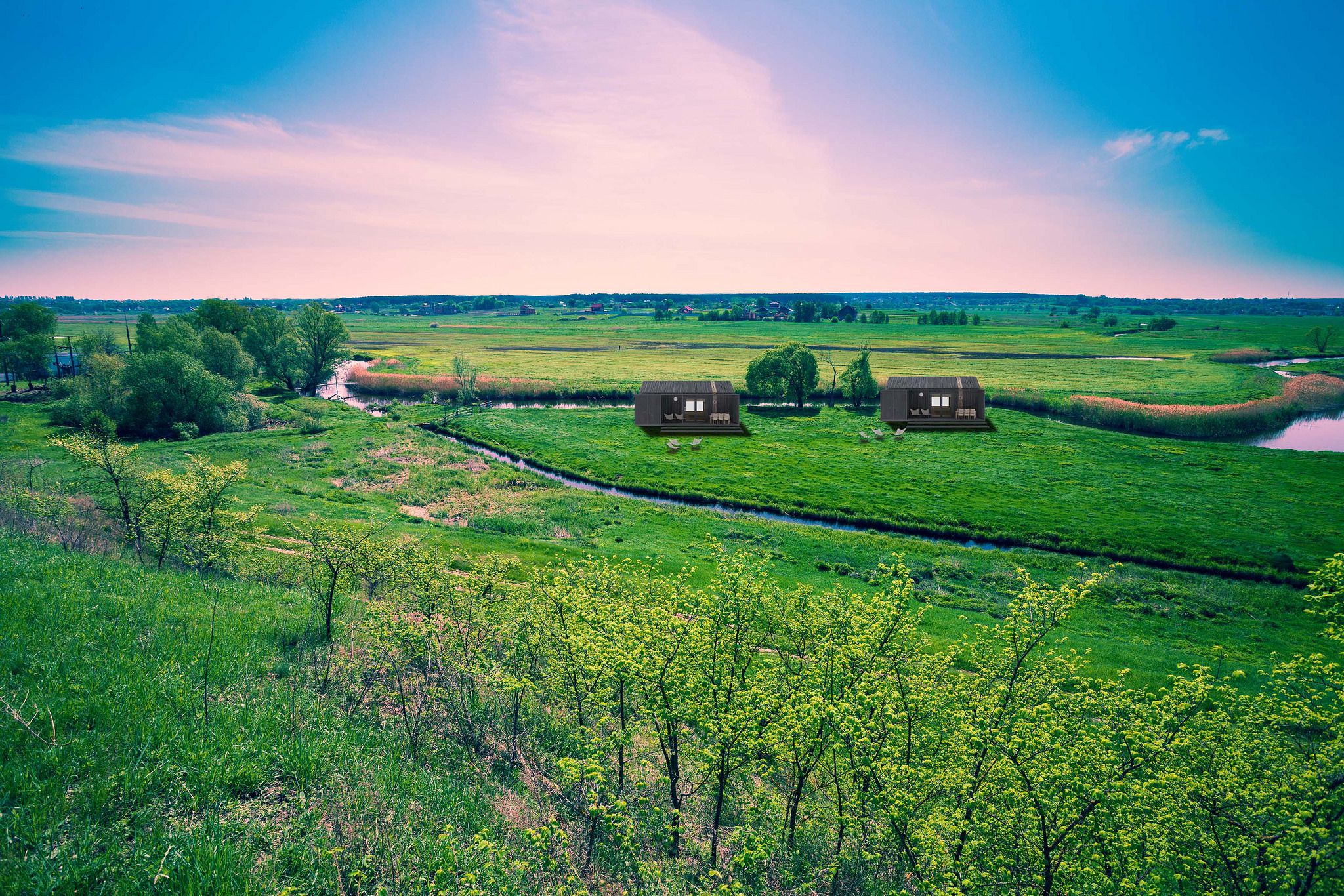 Brown house floodplain meadow in spring